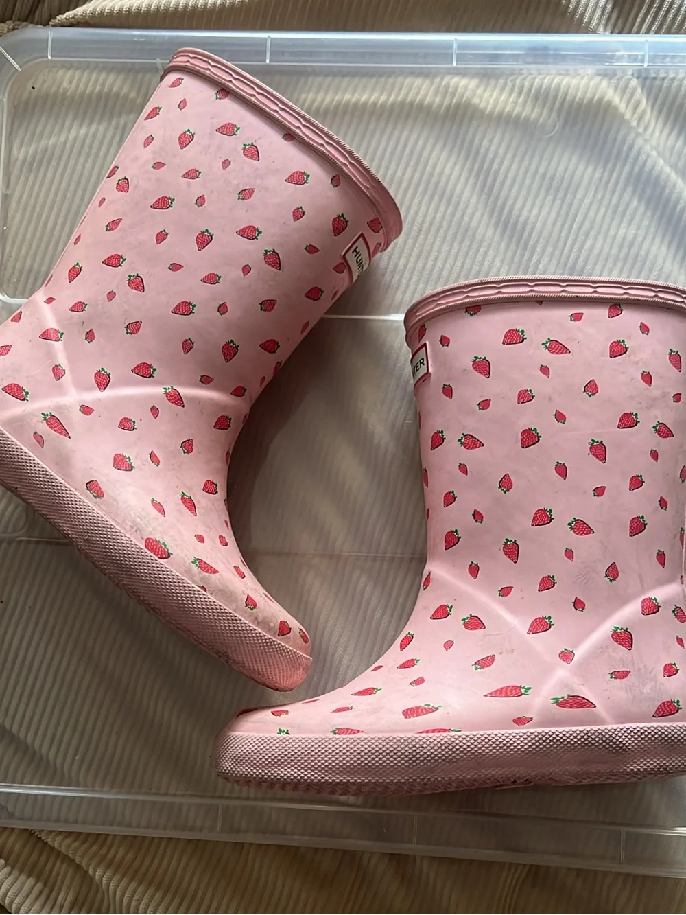 Hunter Kids Pink Rain Boots with Strawberry Print